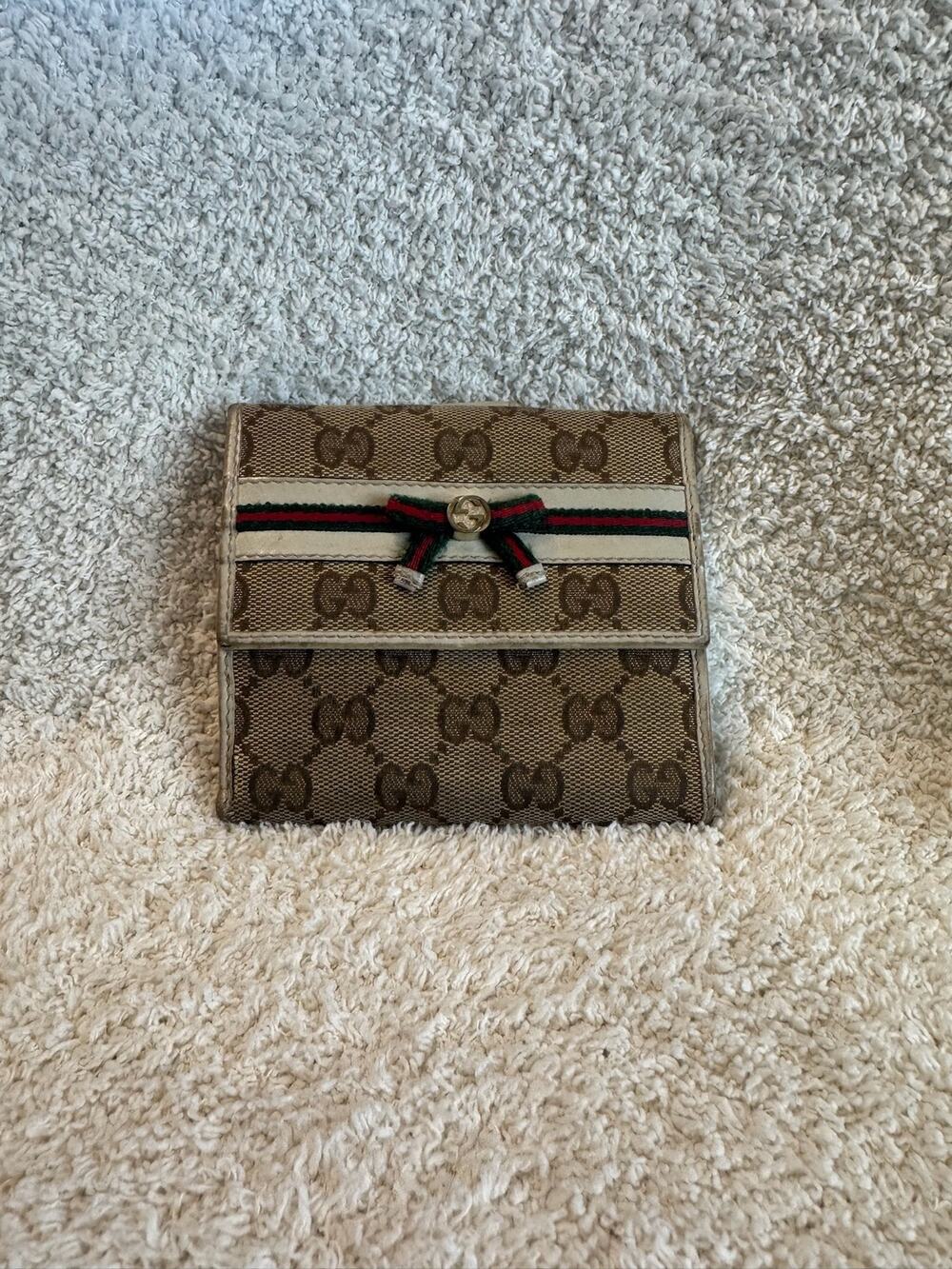 Gucci GG Supreme Web Stripe Bow Bifold Wallet Canvas Leather Clutch Purse